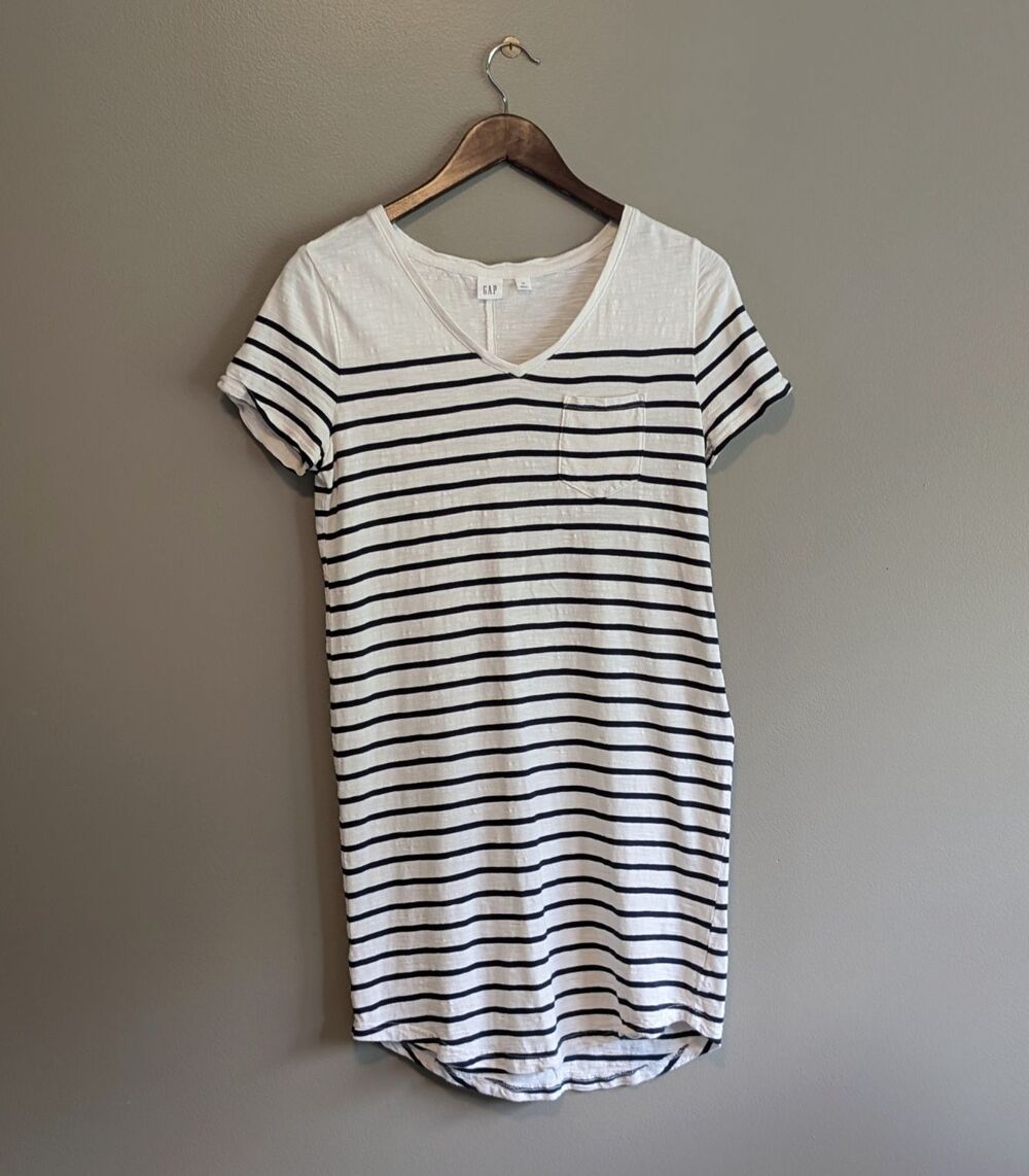Gap Womens XS White Black Shirt Dress Textured V-Neck Summer Shift Tee Tunic